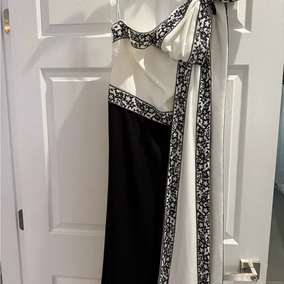 Tadashi Shoji Asymmetrical Embellished Gown White and Black